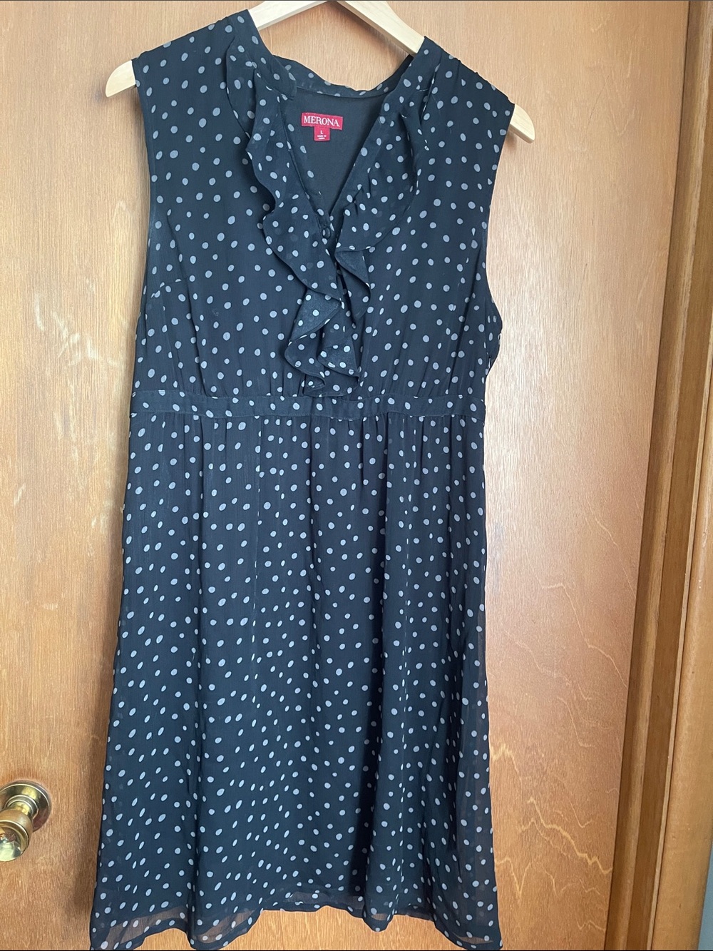 Merona Black Dress with Light Gray Polka Dots and Ruffle V-Neck